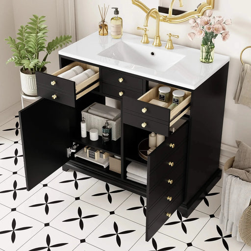 36'' Bathroom Vanity with Ceramic Sink Combo, Solid Wood Frame Bathroom Storage Cabinet, Freestanding Vanity Set with 2 Drawers& Soft Closing Doors, Black Default -DTYStore