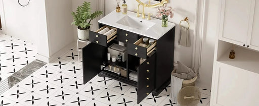 36'' Bathroom Vanity with Ceramic Sink Combo, Solid Wood Frame Bathroom Storage Cabinet, Freestanding Vanity Set with 2 Drawers& Soft Closing Doors, Black Default -DTYStore