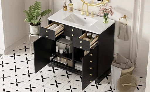 36'' Bathroom Vanity with Ceramic Sink Combo, Solid Wood Frame Bathroom Storage Cabinet, Freestanding Vanity Set with 2 Drawers& Soft Closing Doors, Black Default -DTYStore