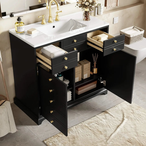 36'' Bathroom Vanity with Ceramic Sink Combo, Solid Wood Frame Bathroom Storage Cabinet, Freestanding Vanity Set with 2 Drawers& Soft Closing Doors, Black Default -DTYStore