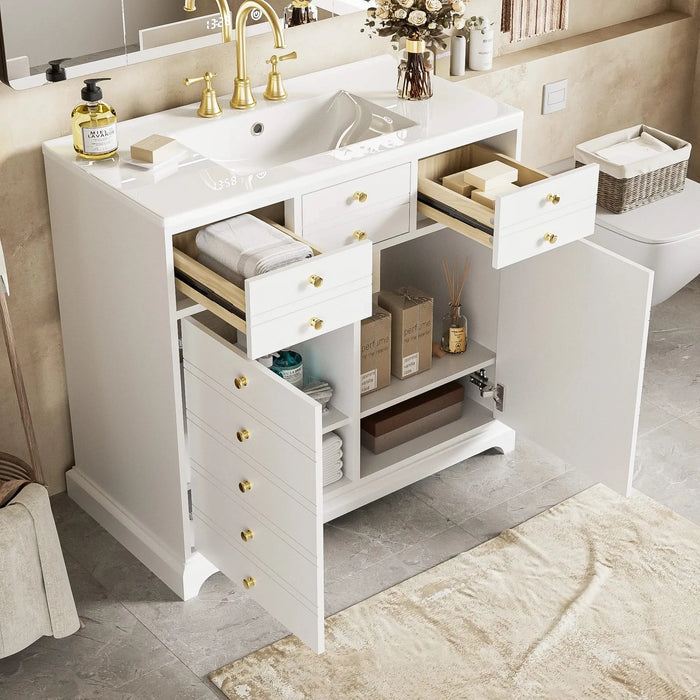 36'' Bathroom Vanity with Ceramic Sink Combo, Solid Wood Frame Bathroom Storage Cabinet, Freestanding Vanity Set with 2 Drawers& Soft Closing Doors, White Default -DTYStore