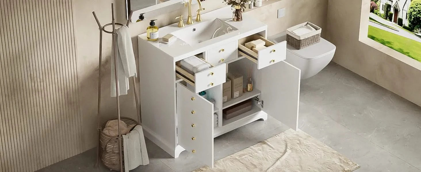 36'' Bathroom Vanity with Ceramic Sink Combo, Solid Wood Frame Bathroom Storage Cabinet, Freestanding Vanity Set with 2 Drawers& Soft Closing Doors, White Default -DTYStore