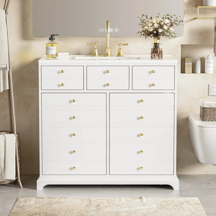 36'' Bathroom Vanity with Ceramic Sink Combo, Solid Wood Frame Bathroom Storage Cabinet, Freestanding Vanity Set with 2 Drawers& Soft Closing Doors, White Default -DTYStore