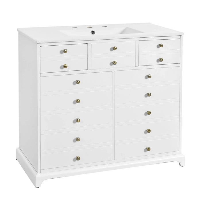 36'' Bathroom Vanity with Ceramic Sink Combo, Solid Wood Frame Bathroom Storage Cabinet, Freestanding Vanity Set with 2 Drawers& Soft Closing Doors, White Default -DTYStore