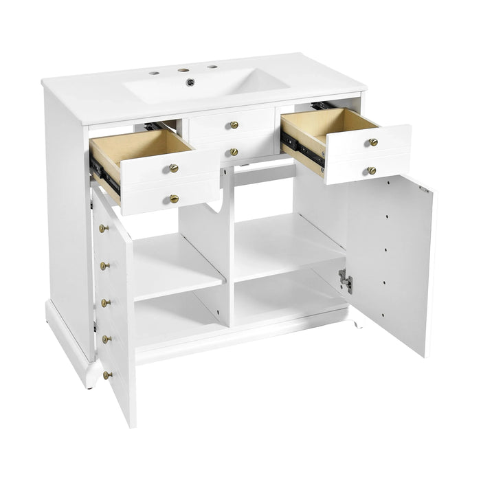 36'' Bathroom Vanity with Ceramic Sink Combo, Solid Wood Frame Bathroom Storage Cabinet, Freestanding Vanity Set with 2 Drawers& Soft Closing Doors, White Default -DTYStore