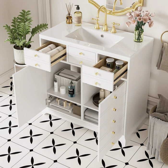36'' Bathroom Vanity with Ceramic Sink Combo, Solid Wood Frame Bathroom Storage Cabinet, Freestanding Vanity Set with 2 Drawers& Soft Closing Doors, White Default -DTYStore
