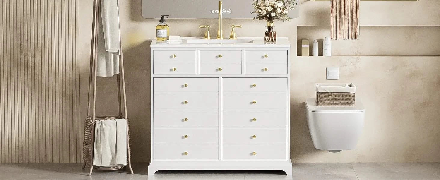 36'' Bathroom Vanity with Ceramic Sink Combo, Solid Wood Frame Bathroom Storage Cabinet, Freestanding Vanity Set with 2 Drawers& Soft Closing Doors, White Default -DTYStore