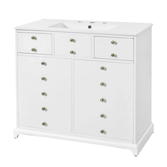 36'' Bathroom Vanity with Ceramic Sink Combo, Solid Wood Frame Bathroom Storage Cabinet, Freestanding Vanity Set with 2 Drawers& Soft Closing Doors, White Default -DTYStore