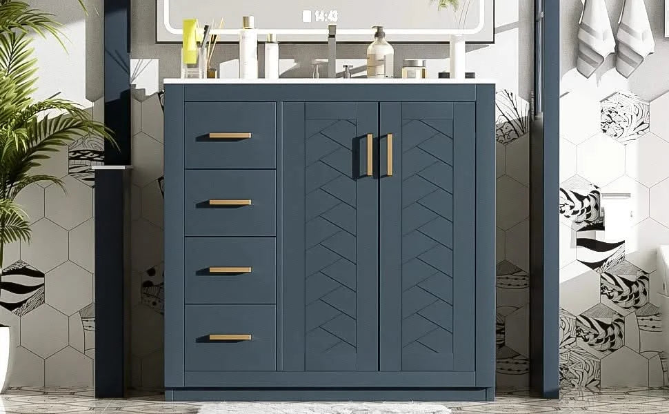 36'' Bathroom Vanity with Ceramic Sink Combo, Solid Wood Frame Bathroom Storage Cabinet, Freestanding Vanity Set with 3 Drawers& Soft Closing Doors Default -DTYStore