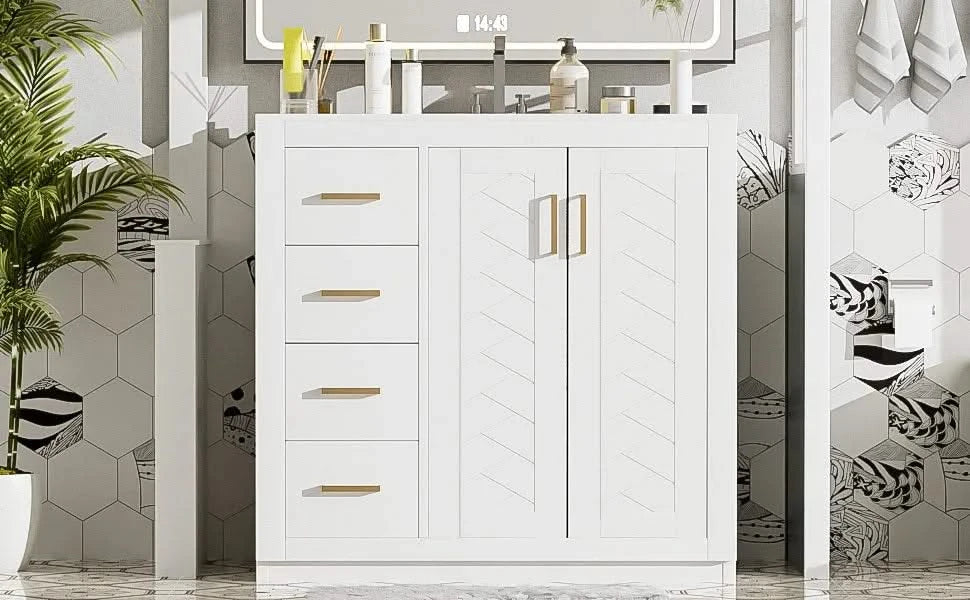 36'' Bathroom Vanity with Ceramic Sink Combo, Solid Wood Frame Bathroom Storage Cabinet, Freestanding Vanity Set with 3 Drawers& Soft Closing Doors Default -DTYStore