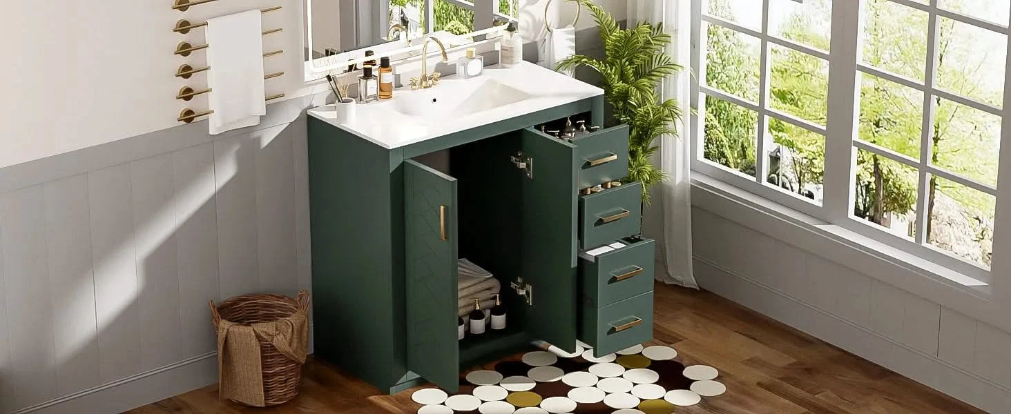 36'' Bathroom Vanity with Ceramic Sink Combo, Solid Wood Frame Bathroom Storage Cabinet, Freestanding Vanity Set with 3 Drawers& Soft Closing Doors Default -DTYStore