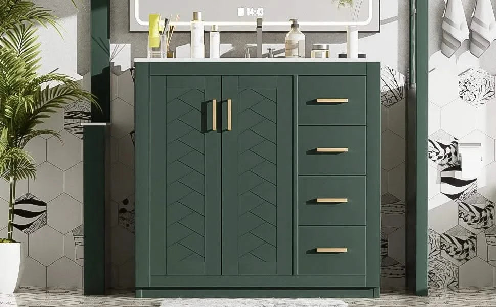 36'' Bathroom Vanity with Ceramic Sink Combo, Solid Wood Frame Bathroom Storage Cabinet, Freestanding Vanity Set with 3 Drawers& Soft Closing Doors Default -DTYStore