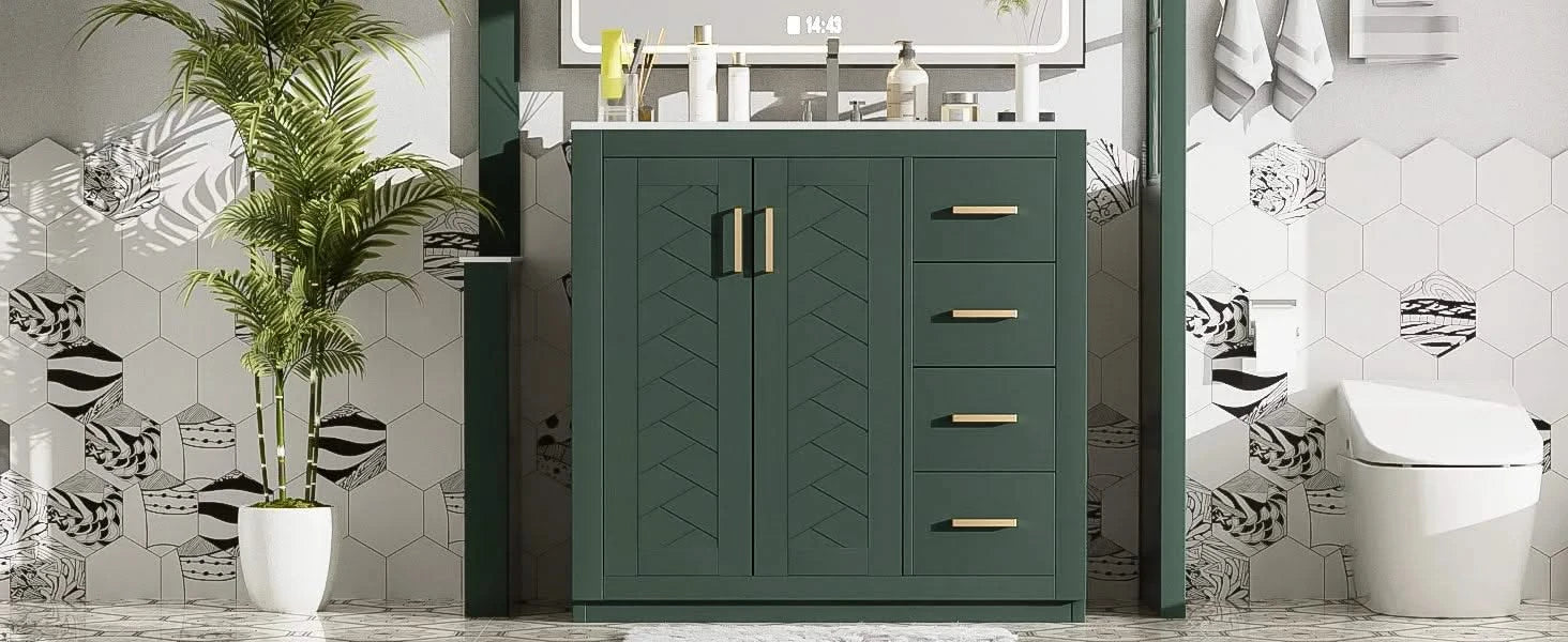 36'' Bathroom Vanity with Ceramic Sink Combo, Solid Wood Frame Bathroom Storage Cabinet, Freestanding Vanity Set with 3 Drawers& Soft Closing Doors Default -DTYStore