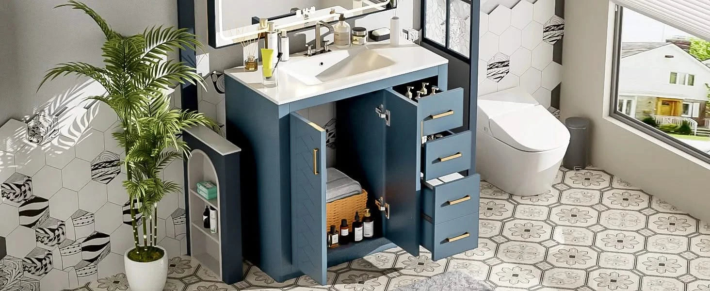 36'' Bathroom Vanity with Ceramic Sink Combo, Solid Wood Frame Bathroom Storage Cabinet, Freestanding Vanity Set with 3 Drawers& Soft Closing Doors Default -DTYStore