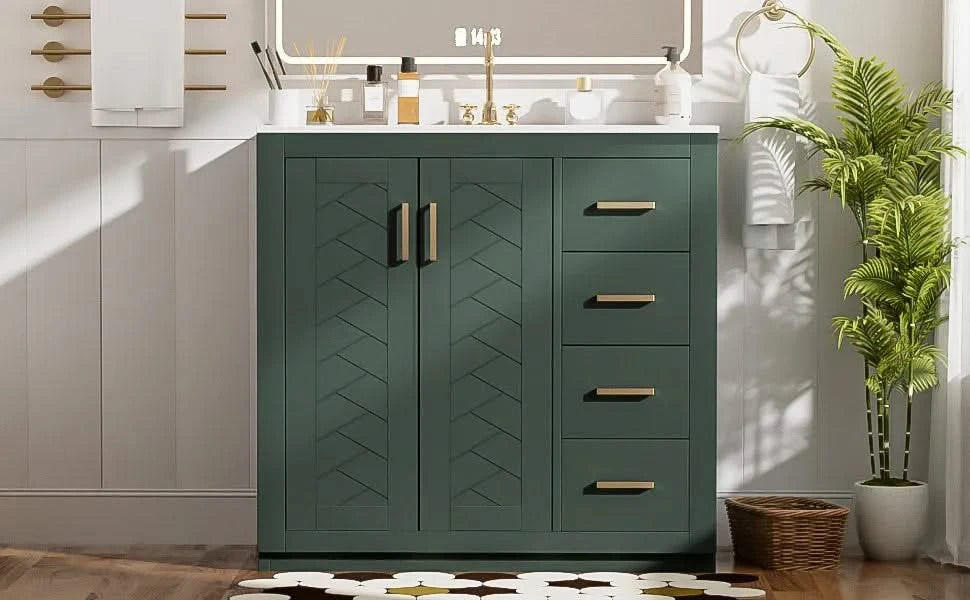 36'' Bathroom Vanity with Ceramic Sink Combo, Solid Wood Frame Bathroom Storage Cabinet, Freestanding Vanity Set with 3 Drawers& Soft Closing Doors Default -DTYStore