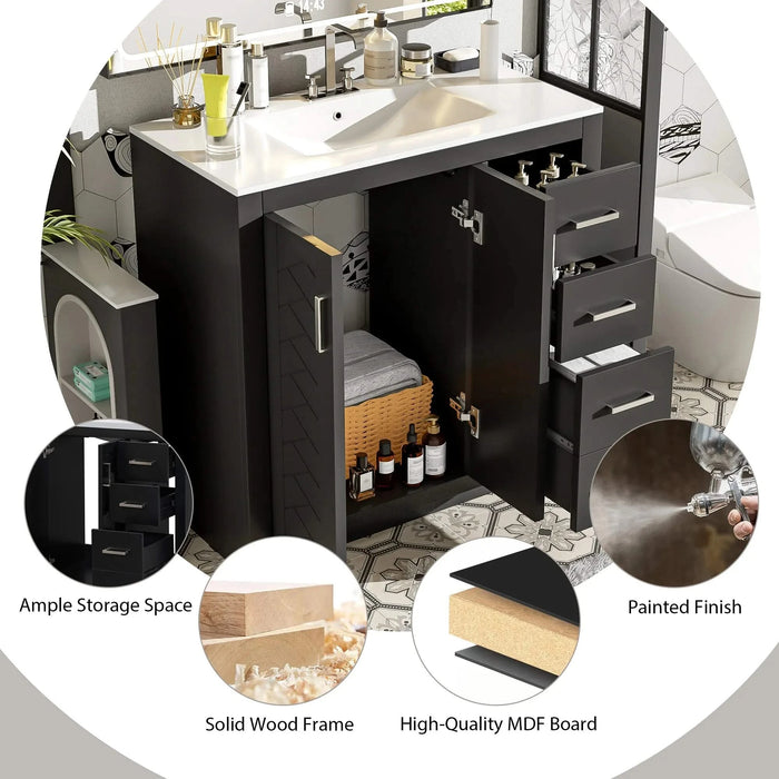 36'' Bathroom Vanity with Ceramic Sink Combo, Solid Wood Frame Bathroom Storage Cabinet, Freestanding Vanity Set with 3 Drawers& Soft Closing Doors Default -DTYStore