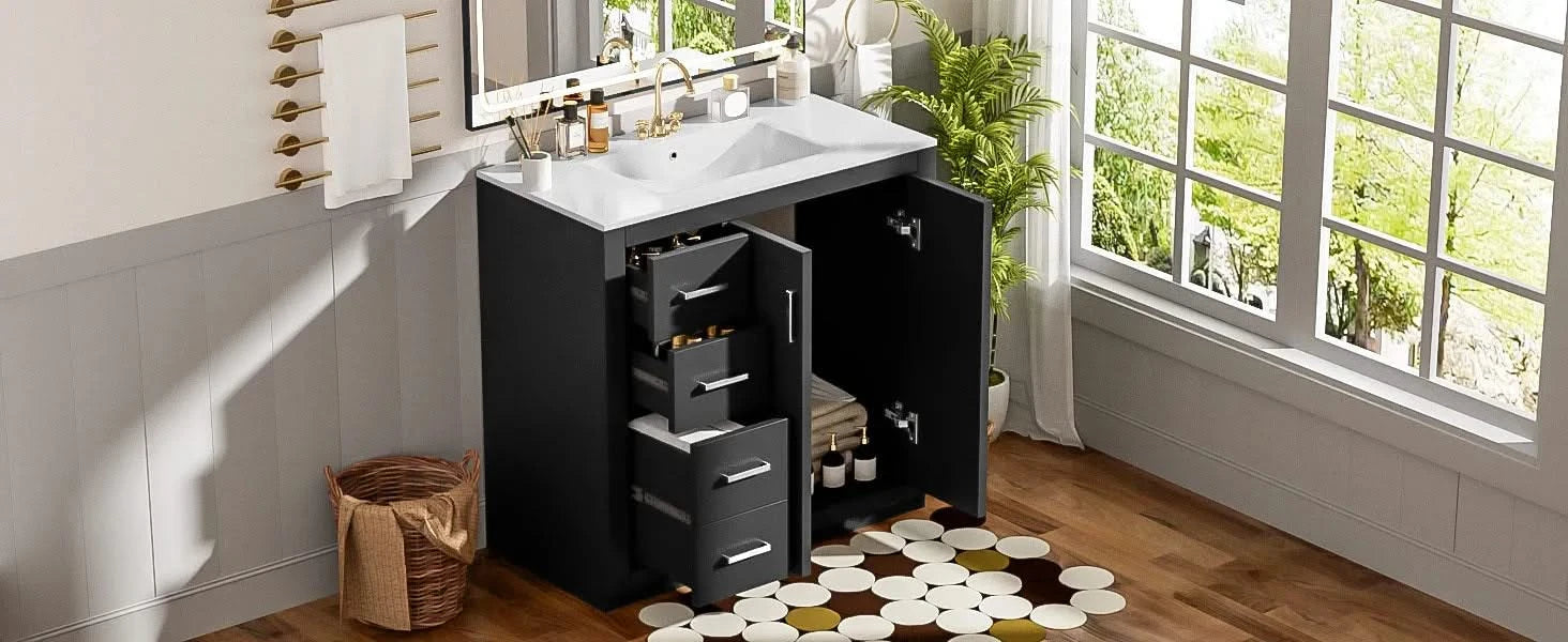 36'' Bathroom Vanity with Ceramic Sink Combo, Solid Wood Frame Bathroom Storage Cabinet, Freestanding Vanity Set with 3 Drawers& Soft Closing Doors Default -DTYStore