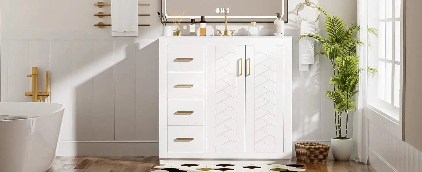 36'' Bathroom Vanity with Ceramic Sink Combo, Solid Wood Frame Bathroom Storage Cabinet, Freestanding Vanity Set with 3 Drawers& Soft Closing Doors Default -DTYStore