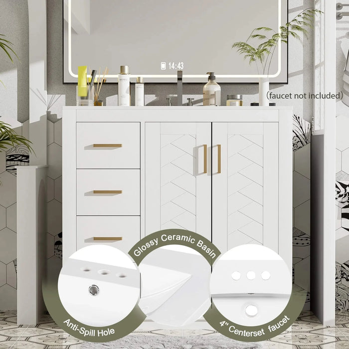 36'' Bathroom Vanity with Ceramic Sink Combo, Solid Wood Frame Bathroom Storage Cabinet, Freestanding Vanity Set with 3 Drawers& Soft Closing Doors Default -DTYStore