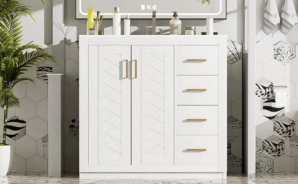 36'' Bathroom Vanity with Ceramic Sink Combo, Solid Wood Frame Bathroom Storage Cabinet, Freestanding Vanity Set with 3 Drawers& Soft Closing Doors Default -DTYStore