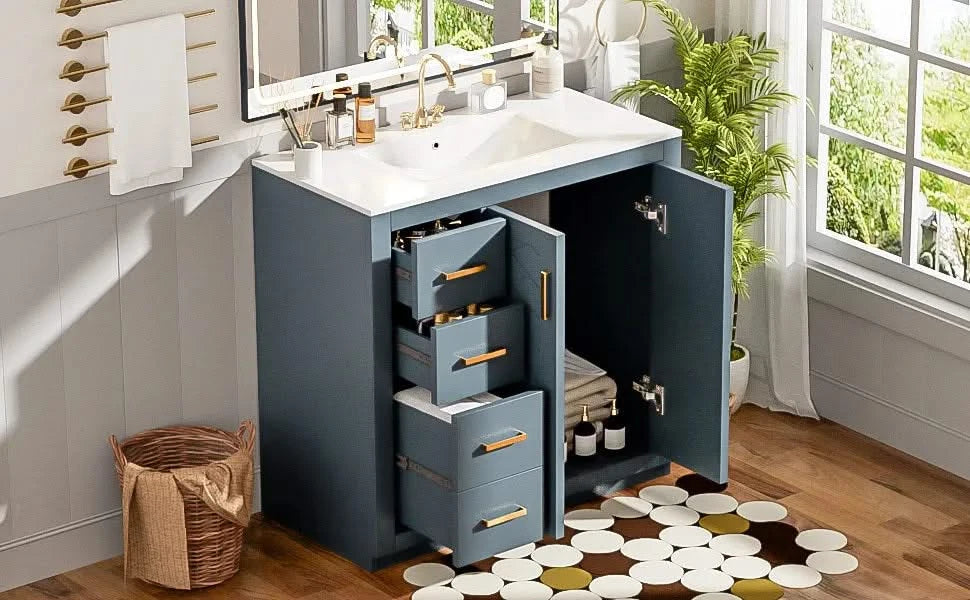 36'' Bathroom Vanity with Ceramic Sink Combo, Solid Wood Frame Bathroom Storage Cabinet, Freestanding Vanity Set with 3 Drawers& Soft Closing Doors Default -DTYStore