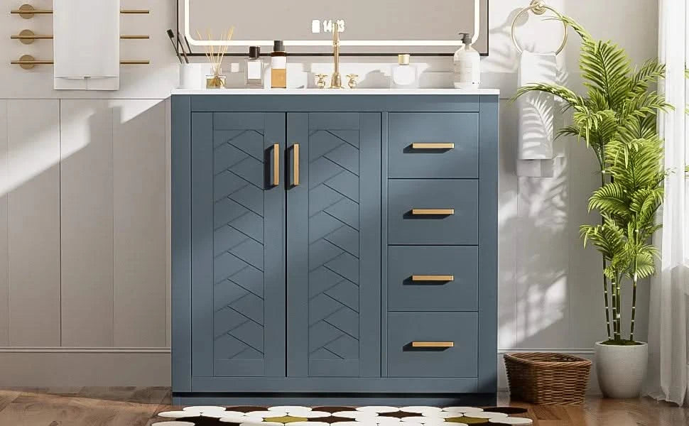 36'' Bathroom Vanity with Ceramic Sink Combo, Solid Wood Frame Bathroom Storage Cabinet, Freestanding Vanity Set with 3 Drawers& Soft Closing Doors Default -DTYStore