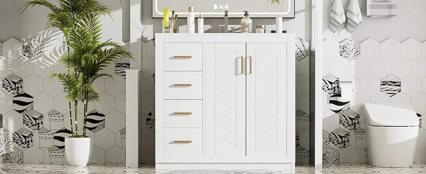 36'' Bathroom Vanity with Ceramic Sink Combo, Solid Wood Frame Bathroom Storage Cabinet, Freestanding Vanity Set with 3 Drawers& Soft Closing Doors Default -DTYStore