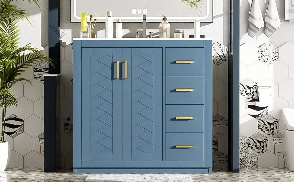 36'' Bathroom Vanity with Ceramic Sink Combo, Solid Wood Frame Bathroom Storage Cabinet, Freestanding Vanity Set with 3 Drawers& Soft Closing Doors Default -DTYStore