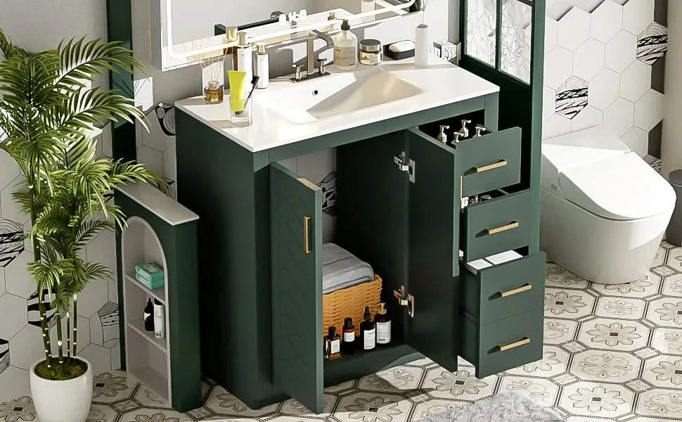 36'' Bathroom Vanity with Ceramic Sink Combo, Solid Wood Frame Bathroom Storage Cabinet, Freestanding Vanity Set with 3 Drawers& Soft Closing Doors Default -DTYStore