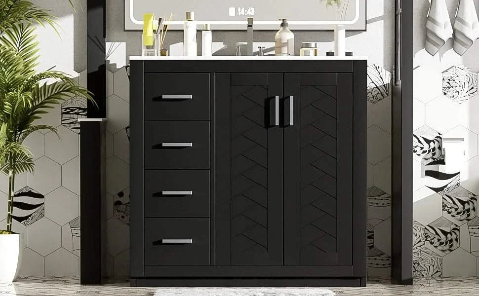 36'' Bathroom Vanity with Ceramic Sink Combo, Solid Wood Frame Bathroom Storage Cabinet, Freestanding Vanity Set with 3 Drawers& Soft Closing Doors Default -DTYStore