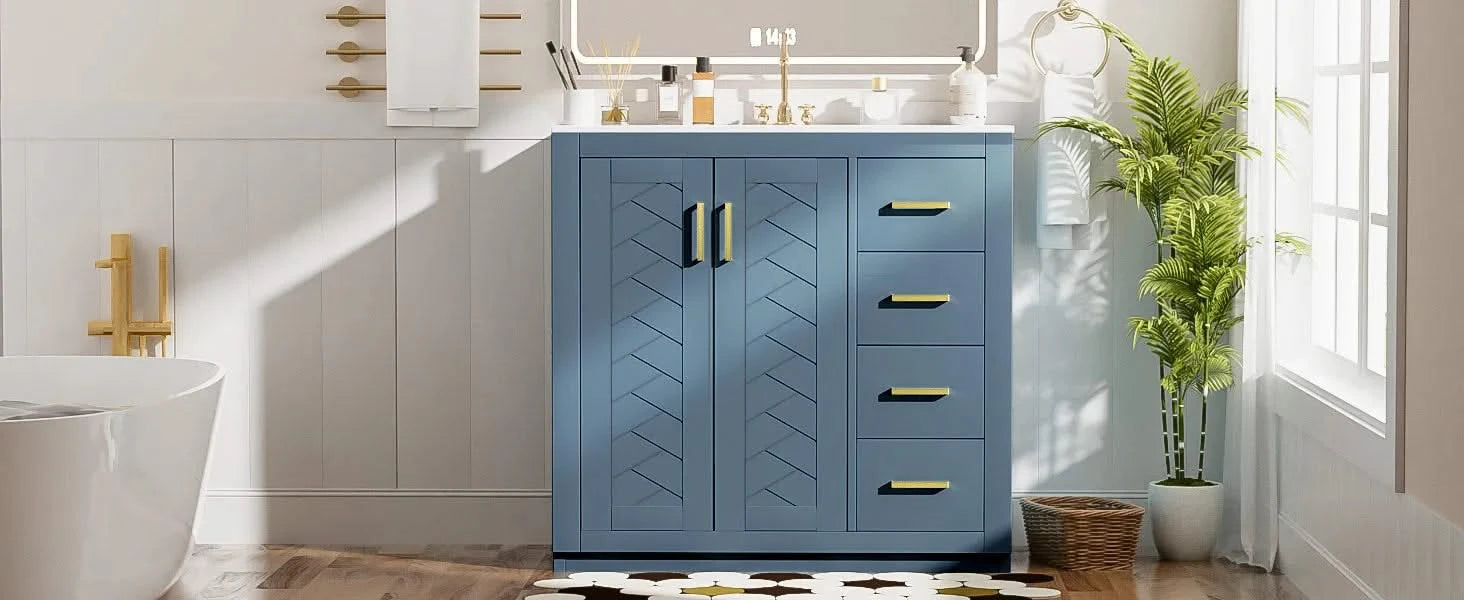 36'' Bathroom Vanity with Ceramic Sink Combo, Solid Wood Frame Bathroom Storage Cabinet, Freestanding Vanity Set with 3 Drawers& Soft Closing Doors Default -DTYStore