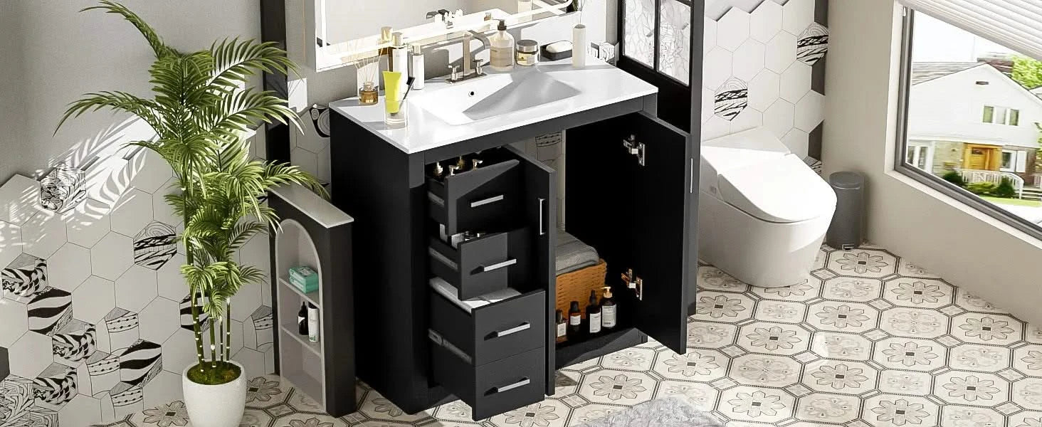 36'' Bathroom Vanity with Ceramic Sink Combo, Solid Wood Frame Bathroom Storage Cabinet, Freestanding Vanity Set with 3 Drawers& Soft Closing Doors Default -DTYStore