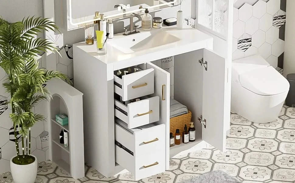 36'' Bathroom Vanity with Ceramic Sink Combo, Solid Wood Frame Bathroom Storage Cabinet, Freestanding Vanity Set with 3 Drawers& Soft Closing Doors Default -DTYStore