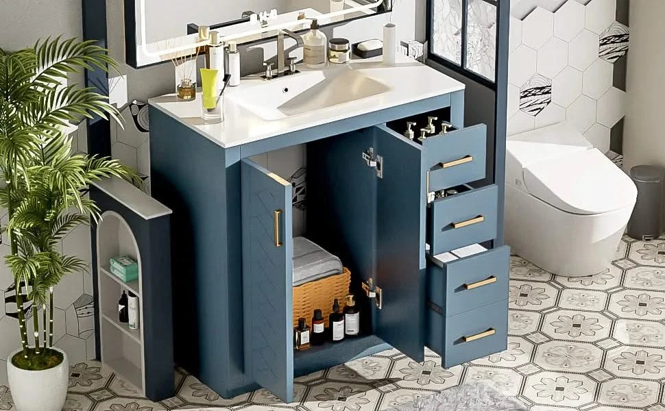 36'' Bathroom Vanity with Ceramic Sink Combo, Solid Wood Frame Bathroom Storage Cabinet, Freestanding Vanity Set with 3 Drawers& Soft Closing Doors Default -DTYStore