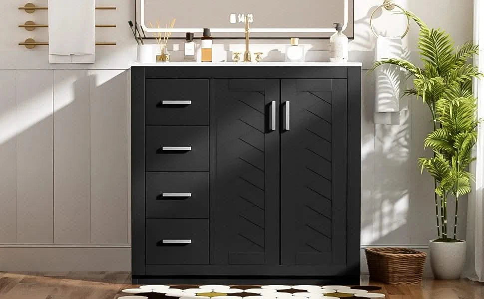 36'' Bathroom Vanity with Ceramic Sink Combo, Solid Wood Frame Bathroom Storage Cabinet, Freestanding Vanity Set with 3 Drawers& Soft Closing Doors Default -DTYStore