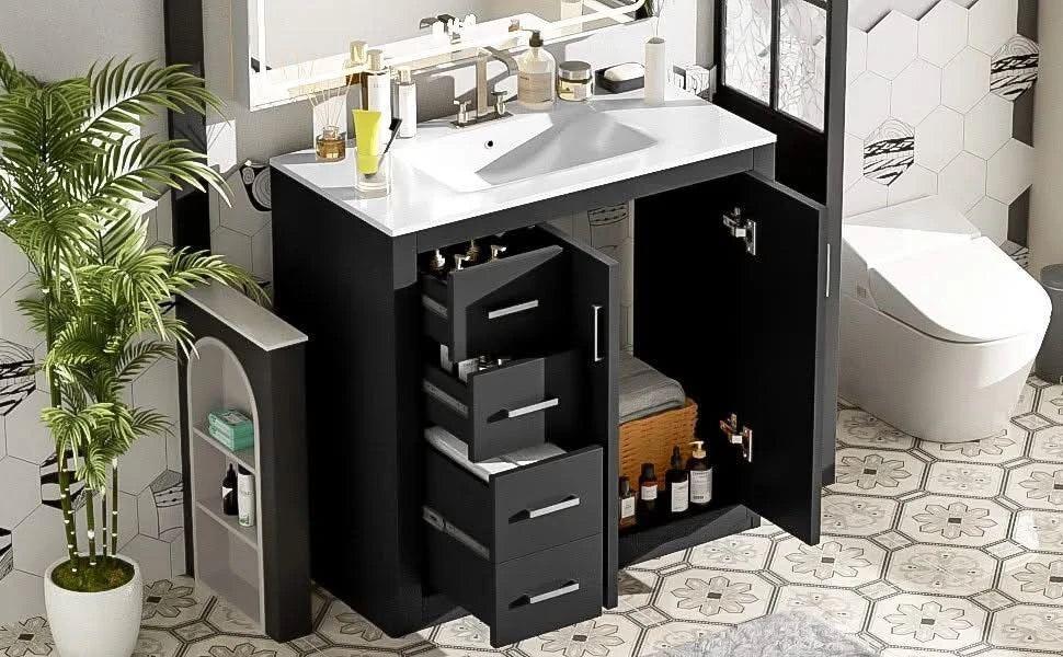 36'' Bathroom Vanity with Ceramic Sink Combo, Solid Wood Frame Bathroom Storage Cabinet, Freestanding Vanity Set with 3 Drawers& Soft Closing Doors Default -DTYStore