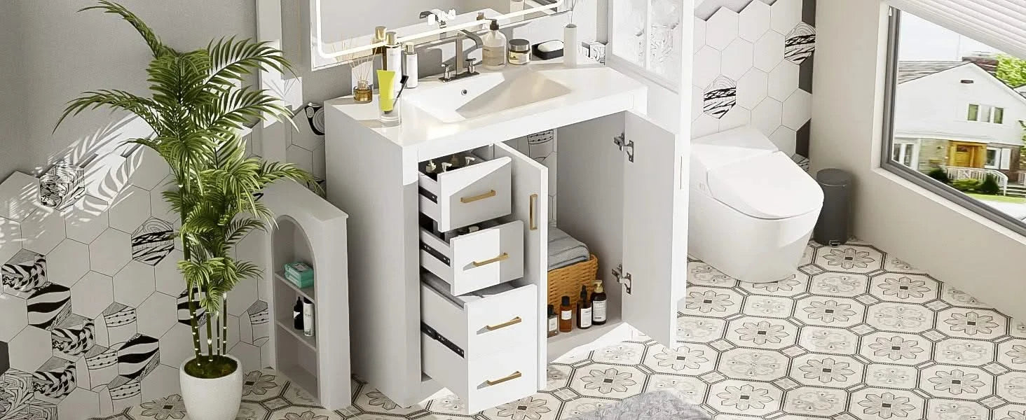 36'' Bathroom Vanity with Ceramic Sink Combo, Solid Wood Frame Bathroom Storage Cabinet, Freestanding Vanity Set with 3 Drawers& Soft Closing Doors Default -DTYStore