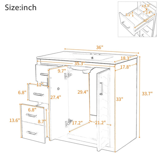 36'' Bathroom Vanity with Ceramic Sink Combo, Solid Wood Frame Bathroom Storage Cabinet, Freestanding Vanity Set with 3 Drawers& Soft Closing Doors Default -DTYStore