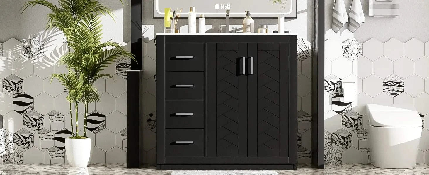 36'' Bathroom Vanity with Ceramic Sink Combo, Solid Wood Frame Bathroom Storage Cabinet, Freestanding Vanity Set with 3 Drawers& Soft Closing Doors Default -DTYStore