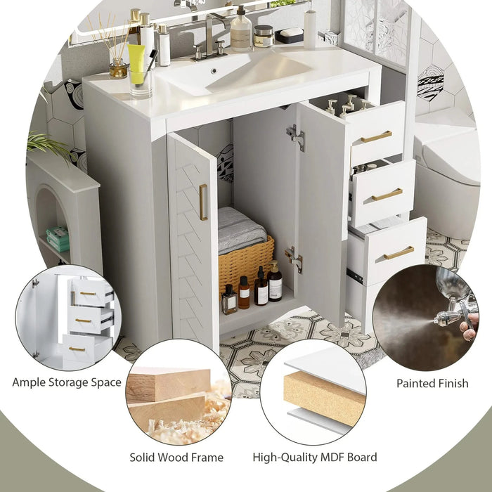 36'' Bathroom Vanity with Ceramic Sink Combo, Solid Wood Frame Bathroom Storage Cabinet, Freestanding Vanity Set with 3 Drawers& Soft Closing Doors Default -DTYStore