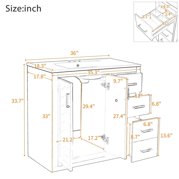 36'' Bathroom Vanity with Ceramic Sink Combo, Solid Wood Frame Bathroom Storage Cabinet, Freestanding Vanity Set with 3 Drawers& Soft Closing Doors Default -DTYStore