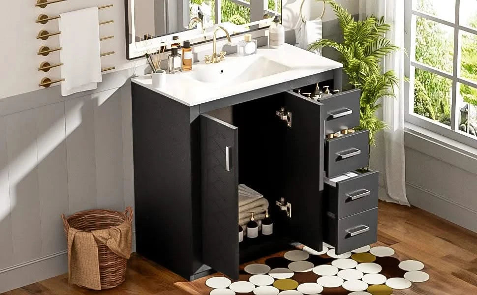 36'' Bathroom Vanity with Ceramic Sink Combo, Solid Wood Frame Bathroom Storage Cabinet, Freestanding Vanity Set with 3 Drawers& Soft Closing Doors Default -DTYStore