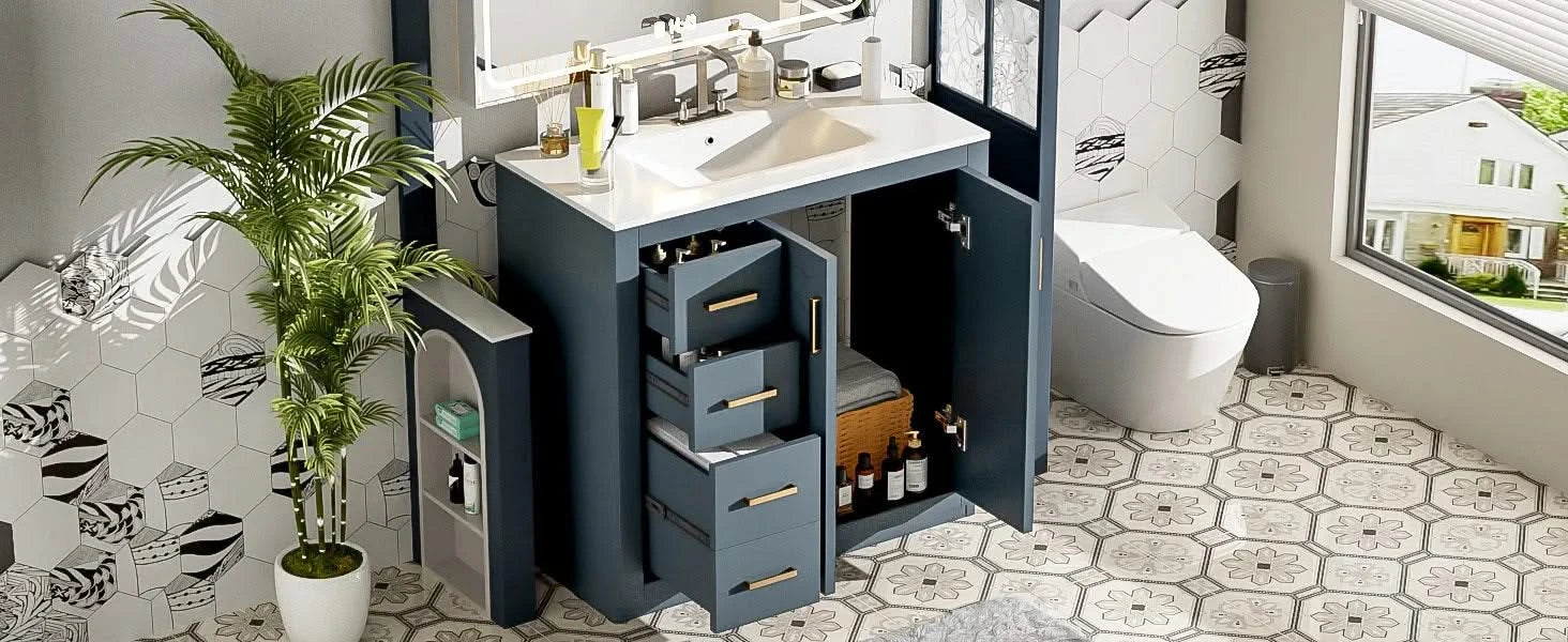 36'' Bathroom Vanity with Ceramic Sink Combo, Solid Wood Frame Bathroom Storage Cabinet, Freestanding Vanity Set with 3 Drawers& Soft Closing Doors Default -DTYStore