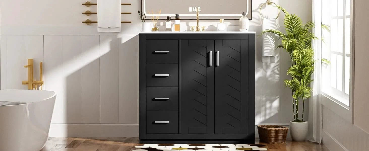 36'' Bathroom Vanity with Ceramic Sink Combo, Solid Wood Frame Bathroom Storage Cabinet, Freestanding Vanity Set with 3 Drawers& Soft Closing Doors Default -DTYStore