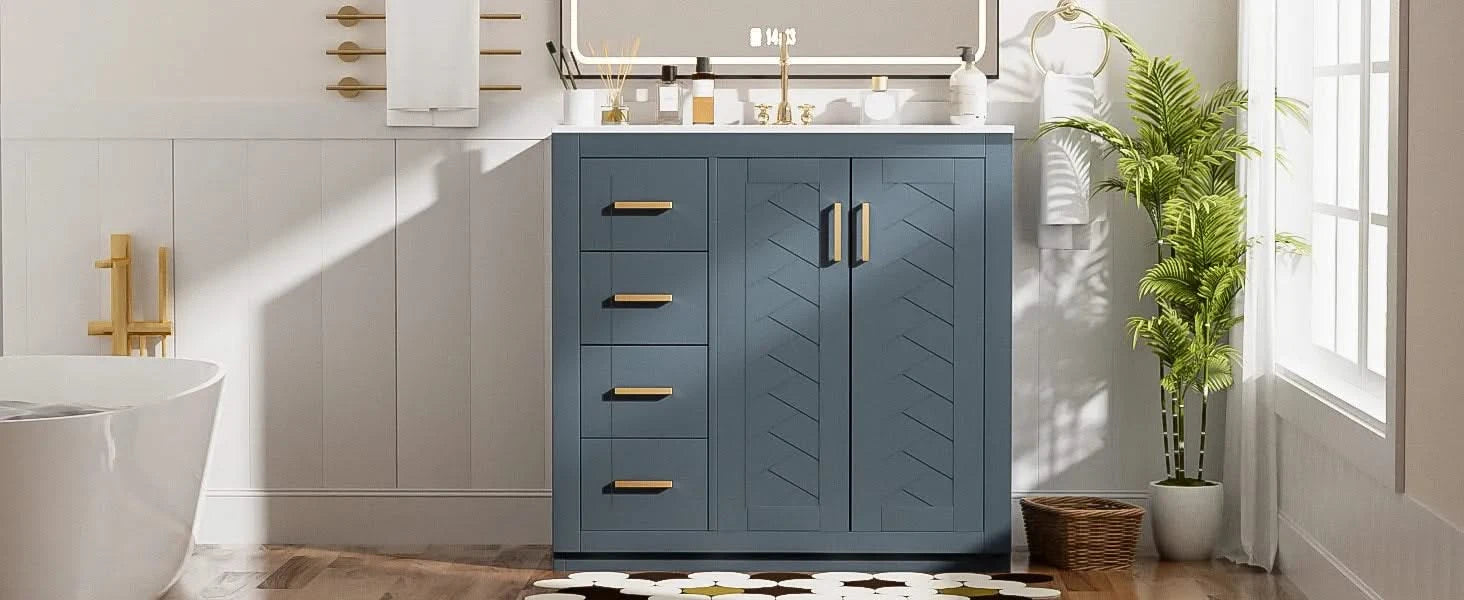 36'' Bathroom Vanity with Ceramic Sink Combo, Solid Wood Frame Bathroom Storage Cabinet, Freestanding Vanity Set with 3 Drawers& Soft Closing Doors Default -DTYStore