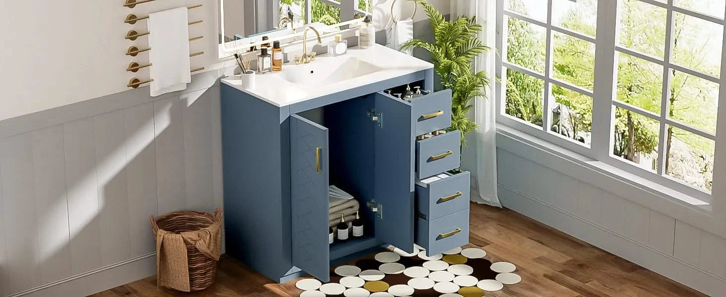 36'' Bathroom Vanity with Ceramic Sink Combo, Solid Wood Frame Bathroom Storage Cabinet, Freestanding Vanity Set with 3 Drawers& Soft Closing Doors Default -DTYStore