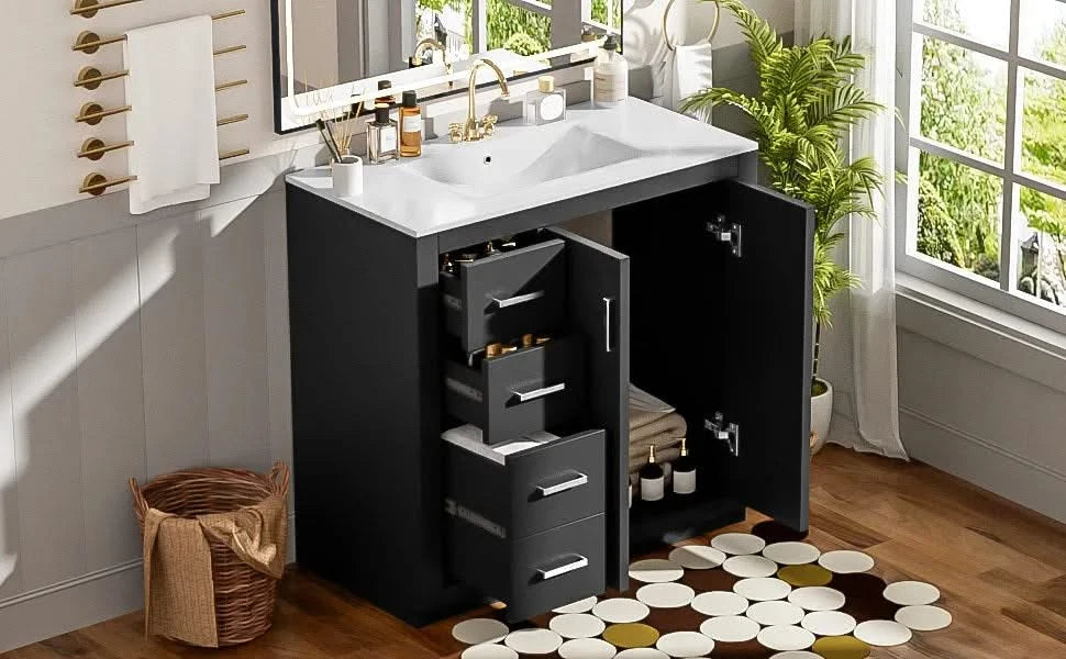 36'' Bathroom Vanity with Ceramic Sink Combo, Solid Wood Frame Bathroom Storage Cabinet, Freestanding Vanity Set with 3 Drawers& Soft Closing Doors Default -DTYStore