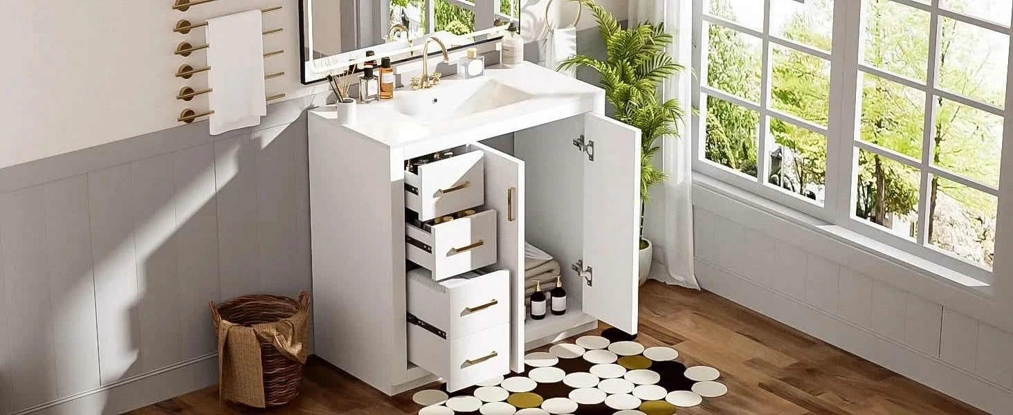 36'' Bathroom Vanity with Ceramic Sink Combo, Solid Wood Frame Bathroom Storage Cabinet, Freestanding Vanity Set with 3 Drawers& Soft Closing Doors Default -DTYStore