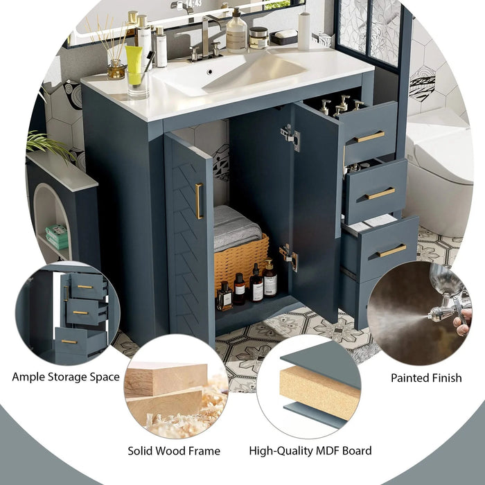 36'' Bathroom Vanity with Ceramic Sink Combo, Solid Wood Frame Bathroom Storage Cabinet, Freestanding Vanity Set with 3 Drawers& Soft Closing Doors Default -DTYStore