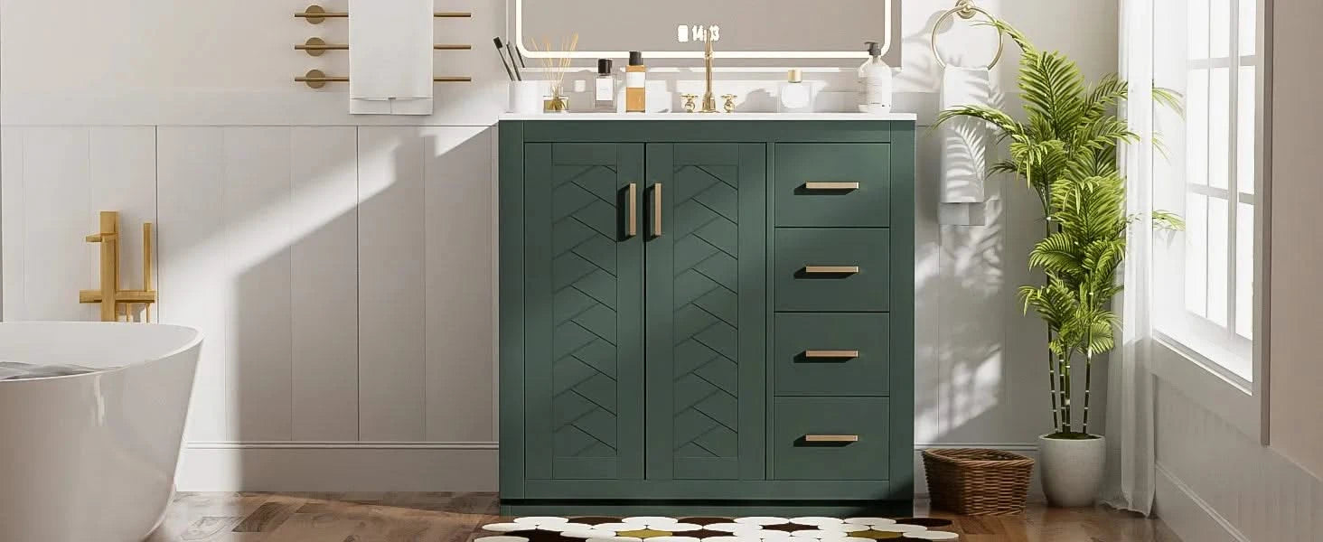 36'' Bathroom Vanity with Ceramic Sink Combo, Solid Wood Frame Bathroom Storage Cabinet, Freestanding Vanity Set with 3 Drawers& Soft Closing Doors Default -DTYStore